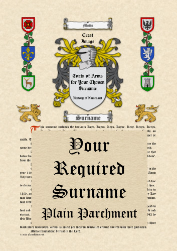 Surname History (Origin & Meaning) with Coat of Arms (Family Crest) Download (Plain Parchment)