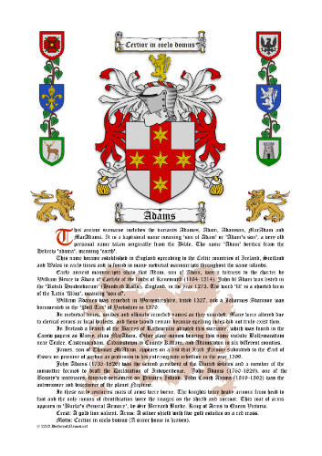 Adams Origin & Meaning with Coat of Arms (Family Crest) Instant Download (White Background)