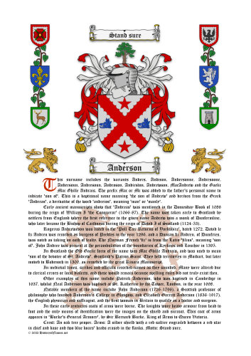Anderson Surname History (Origin & Meaning) with Coat of Arms (Family Crest) Instant Download (White Background)