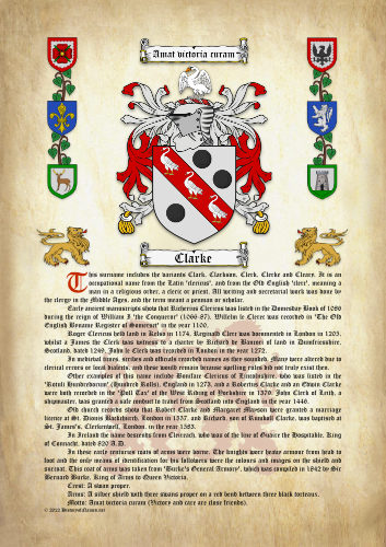 Clarke History (Origin & Meaning) with Coat of Arms (Family Crest) Instant Download (Ancient Parchment)