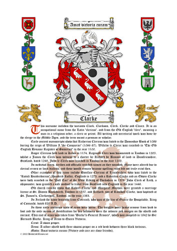 Clarke History (Origin & Meaning) with Coat of Arms (Family Crest) Instant Download (White Background)