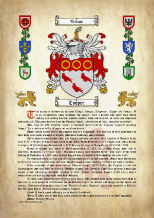 Cooper Surname History (Origin & Meaning) with Coat of Arms (Family Crest) Instant Download (Ancient Parchment)