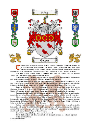 Cooper Surname History (Origin & Meaning) with Coat of Arms (Family Crest) Instant Download (White Background)