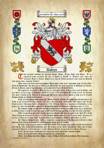 Davies Surname History (Origin & Meaning) with Coat of Arms (Family Crest) Instant Download (Ancient Parchment)