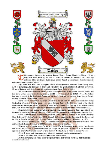 Davies Surname History (Origin & Meaning) with Coat of Arms (Family Crest) Instant Download (White Background)