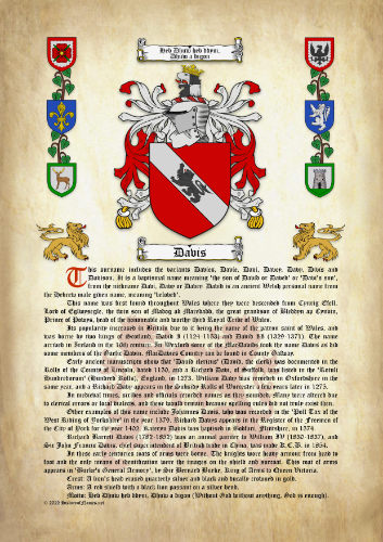 Davis Surname History (Origin & Meaning) with Coat of Arms (Family Crest) Instant Download (Ancient Parchment)