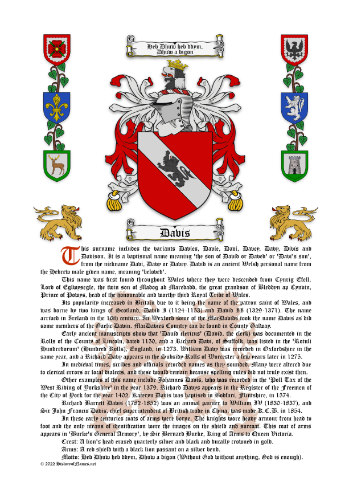 Davis Surname History (Origin & Meaning) with Coat of Arms (Family Crest) Instant Download (White Background)