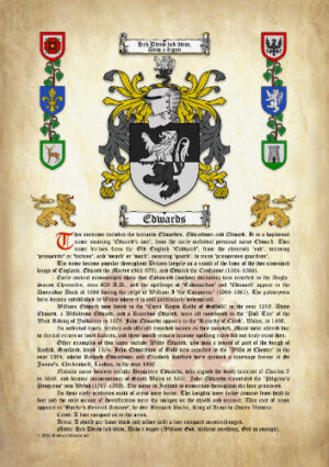 Edwards Surname History (Origin & Meaning) with Coat of Arms (Family Crest) Instant Download (Ancient Parchment)