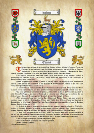 Evans Surname History (Origin & Meaning) with Coat of Arms (Family Crest) Instant Download (Ancient Parchment)