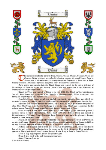 Evans Surname History (Origin & Meaning) with Coat of Arms (Family Crest) Instant Download (White Background)