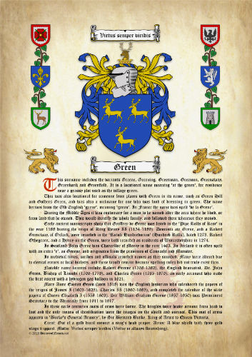 Green Surname History (Origin & Meaning) with Coat of Arms (Family Crest) Instant Download (Ancient Parchment)