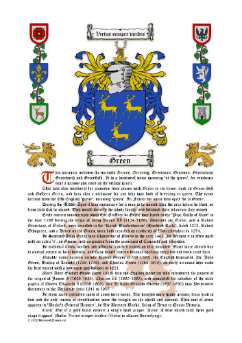 Green Surname History (Origin & Meaning) with Coat of Arms (Family Crest) Instant Download (White Background)