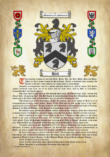 Hall Surname History (Origin & Meaning) with Coat of Arms (Family Crest) Instant Download (Ancient Parchment)