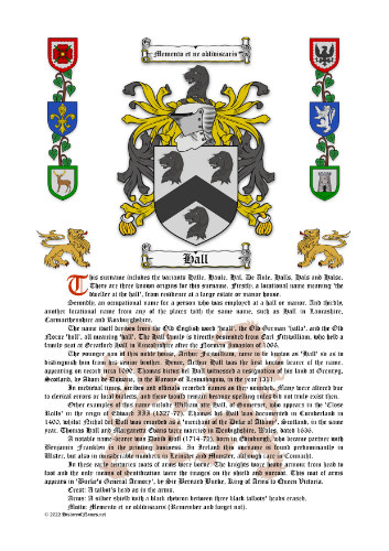 Hall Surname History (Origin & Meaning) with Coat of Arms (Family Crest) Instant Download (White Background)
