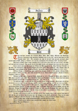 Hill Surname History (Origin & Meaning) with Coat of Arms (Family Crest) Instant Download (Ancient Parchment)