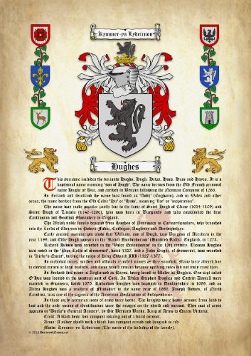 Hughes Surname History (Origin & Meaning) with Coat of Arms (Family Crest) Instant Download (Ancient Parchment)