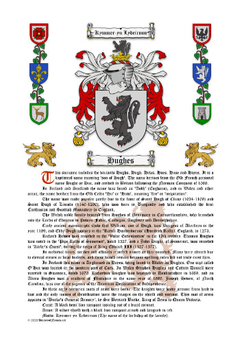 Hughes Surname History (Origin & Meaning) with Coat of Arms (Family Crest) Instant Download (White Background)