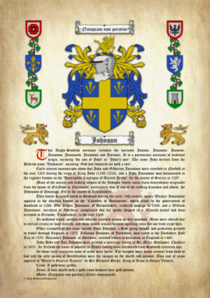 Johnson Surname History (Origin & Meaning) with Coat of Arms (Family Crest) Instant Download (Ancient Parchment)