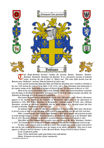 Johnson Surname History (Origin & Meaning) with Coat of Arms (Family Crest) Instant Download (White Background)