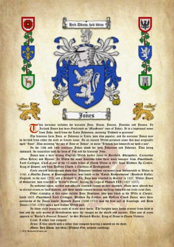Jones History (Origin & Meaning) with Coat of Arms (Family Crest) Instant Download (Ancient Parchment)