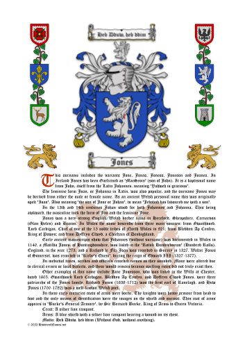Jones History (Origin & Meaning) with Coat of Arms (Family Crest) Instant Download (White Background)