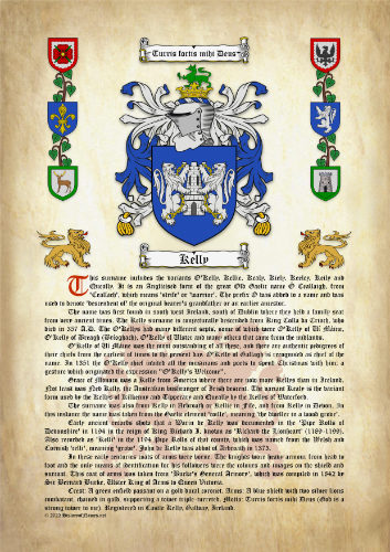 Kelly Surname History (Origin & Meaning) with Coat of Arms (Family Crest) Instant Download (Ancient Parchment)