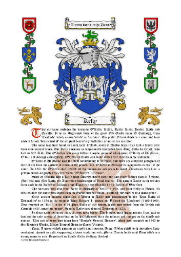Kelly Surname History (Origin & Meaning) with Coat of Arms (Family Crest) Instant Download (White Background)