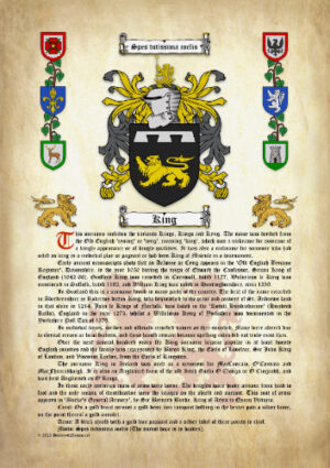 King Surname History (Origin & Meaning) with Coat of Arms (Family Crest) Instant Download (Ancient Parchment)