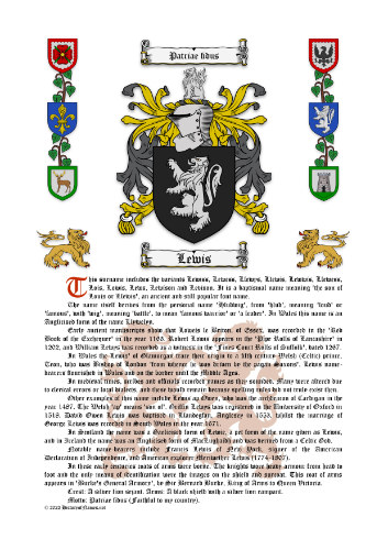 Lewis Surname History (Origin & Meaning) with Coat of Arms (Family Crest) Instant Download (White Background)