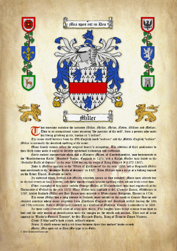 Miller Surname History (Origin & Meaning) with Coat of Arms (Family Crest) Instant Download (Ancient Parchment)