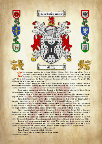 Mills Surname History (Origin & Meaning) with Coat of Arms (Family Crest) Instant Download (Ancient Parchment)
