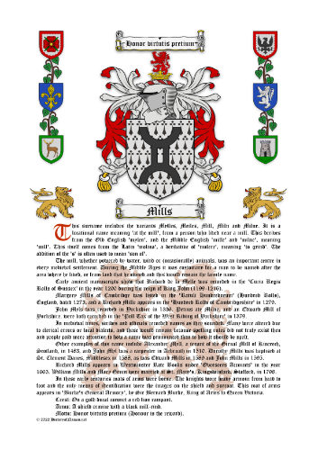 Mills Surname History (Origin & Meaning) with Coat of Arms (Family Crest) Instant Download (White Background)