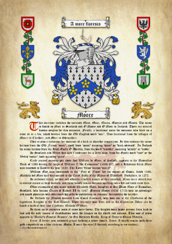 Moore Surname History (Origin & Meaning) with Coat of Arms (Family Crest) Instant Download (Ancient Parchment)