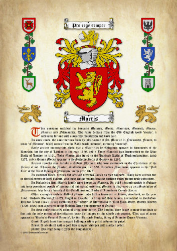 Morris Surname History (Origin & Meaning) with Coat of Arms (Family Crest) Instant Download (Ancient Parchment)