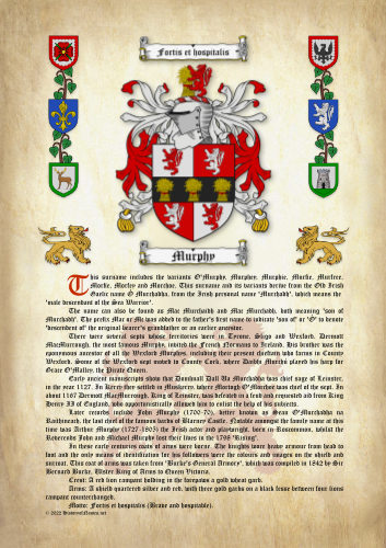 Murphy History (Origin & Meaning) with Coat of Arms (Family Crest) Instant Download (Ancient Parchment)