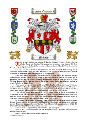 Murphy History (Origin & Meaning) with Coat of Arms (Family Crest) Instant Download (White Background)