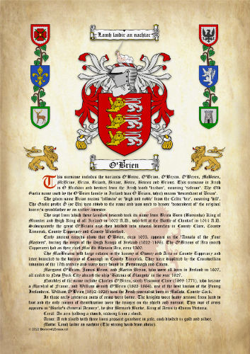 O’Brien Surname History (Origin & Meaning) with Coat of Arms (Family Crest) Instant Download (Ancient Parchment)