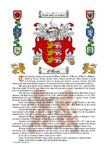 O’Brien Surname History (Origin & Meaning) with Coat of Arms (Family Crest) Instant Download (White Background)