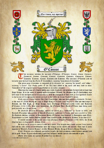 O'Connor Surname History (Origin & Meaning) with Coat of Arms (Family Crest) Instant Download (Ancient Parchment)