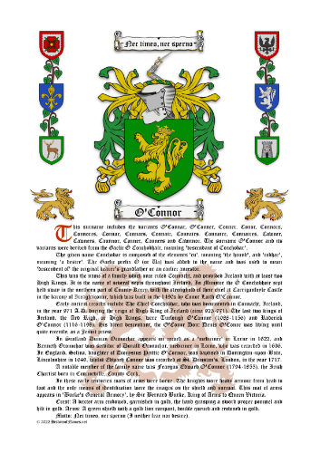 O'Connor Surname History (Origin & Meaning) with Coat of Arms (Family Crest) Instant Download (White Background)
