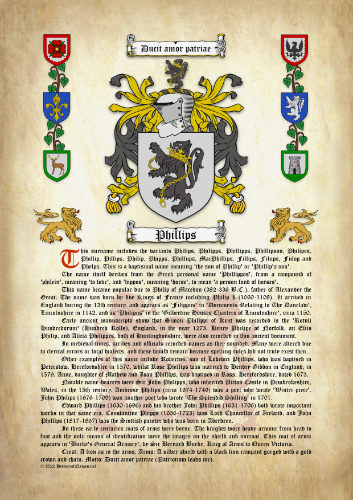 Phillips Surname History (Origin & Meaning) with Coat of Arms (Family Crest) Instant Download (Ancient Parchment)