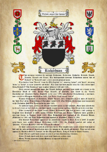 Richardson Surname History (Origin & Meaning) with Coat of Arms (Family Crest) Instant Download (Ancient Parchment)