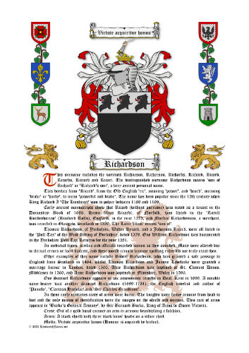 Richardson Surname History (Origin & Meaning) with Coat of Arms (Family Crest) Instant Download (White Background)