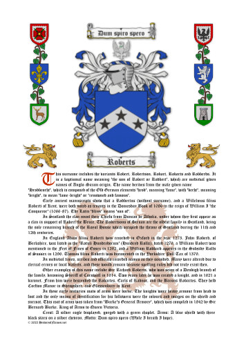 Roberts History (Origin & Meaning) with Coat of Arms (Family Crest) Instant Download (White Background)