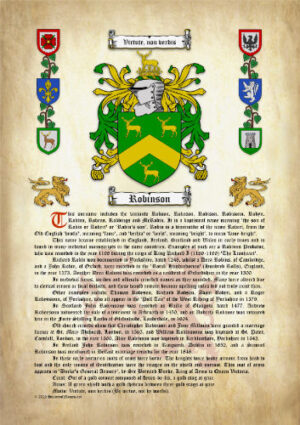 Robinson Surname History (Origin & Meaning) with Coat of Arms (Family Crest) Instant Download (Ancient Parchment)