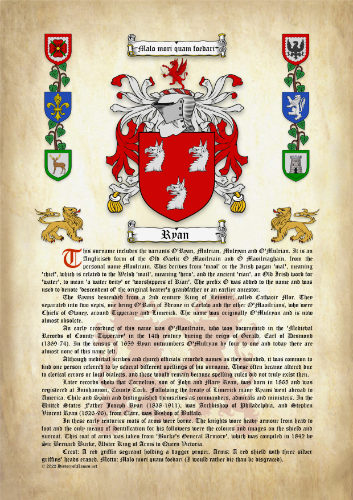 Ryan Surname History (Origin & Meaning) with Coat of Arms (Family Crest) Instant Download (Ancient Parchment)