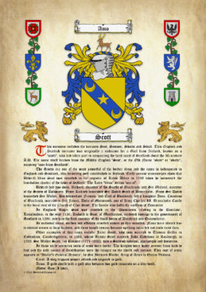 Scott Surname History (Origin & Meaning) with Coat of Arms (Family Crest) Instant Download (Ancient Parchment)