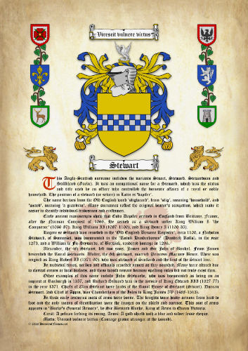Stewart Surname History (Origin & Meaning) with Coat of Arms (Family Crest) Instant Download (Ancient Parchment)