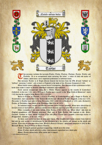Taylor History (Origin & Meaning) with Coat of Arms (Family Crest) Instant Download (Ancient Parchment)
