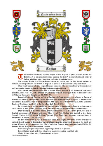 Taylor History (Origin & Meaning) with Coat of Arms (Family Crest) Instant Download (White Background)